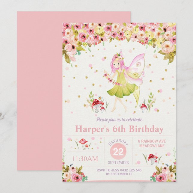 Fée Floral Woodland Invitation d'anniversaire (Devant / Derrière)