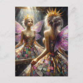 Fee in einem gepolsterten Kleid sieht in Spiegelbi Postkarte