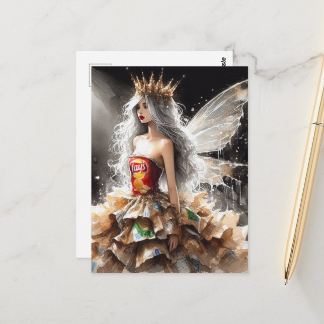 Fee in einem Modekleid aus Chip-Taschen Postkarte (Vorderseite/Rückseite Beispiel)