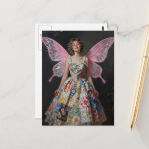 Fee in einem Patchwork-Deckchenkleid Postkarte