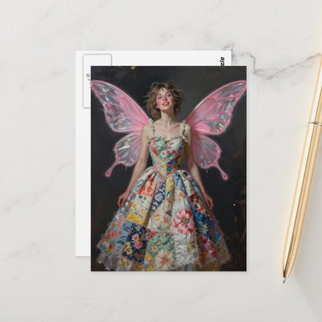 Fee in einem Patchwork-Deckchenkleid Postkarte (Vorderseite/Rückseite Beispiel)