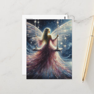 Fee in einem rosa Kleid auf einer Schaukel Postkarte
