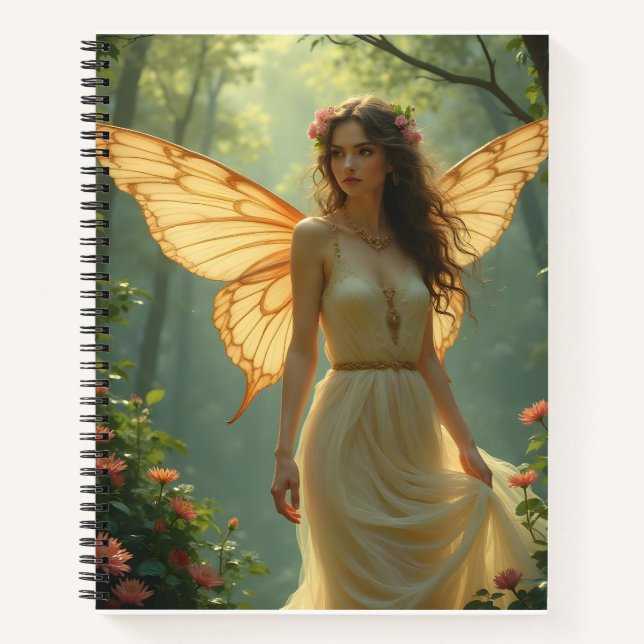 Fee in einem weißen Kleid im Wald Notizbuch (Vorderseite)
