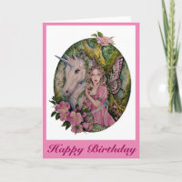 Fée rose sauvage avec carte de voeux unicorne