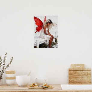 Fee sitzt auf einem Dock mit den Füßen im Wasser Poster
