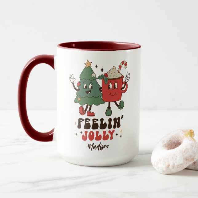 Feelin's Joli Weihnachtsfeiertage Funny Retro Name Tasse (Mit Donut)