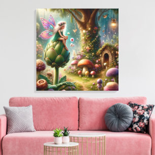 Feen auf einer Artischocke Magische Illustration Leinwanddruck