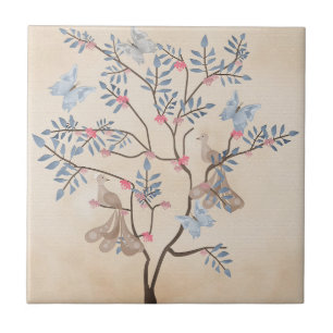 Feen-Fantasie-Baum-Vögel-Blumen-beiger-Grunge-Retr Fliese