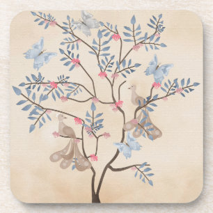 Feen-Fantasie-Baum-Vögel-Blumen-beiger-Grunge-Retr Getränkeuntersetzer