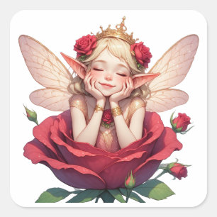 🌙 Feen-im-Rosen-Aufkleber für Mädchen-Zimmerdekor Quadratischer Aufkleber