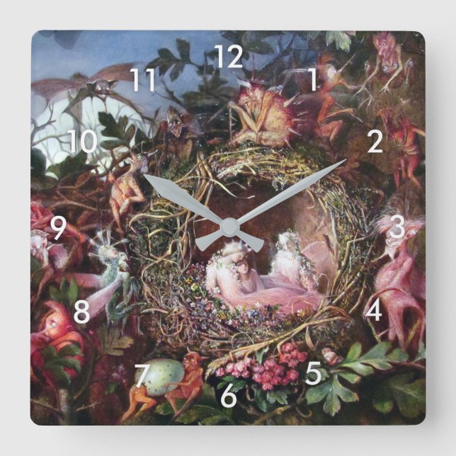 Feen in einem Vogelnest, John Anster Fitzgerald Quadratische Wanduhr (Vorderseite)