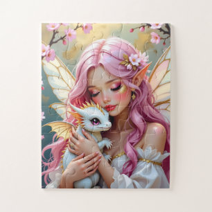 Feen mit rosa Haaren und weißem Babydrachen  