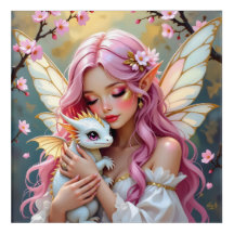 Feen mit rosa Haaren und weißem Babydrachen