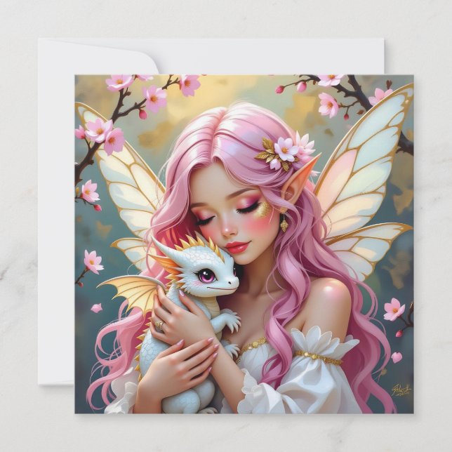 Feen mit rosa Haaren und weißem Babydrachen Blanko Karte (Vorderseite)