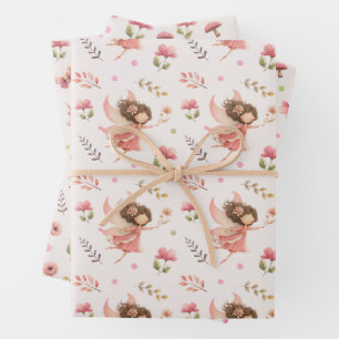 Feen- und Blumenillustrationen Pastellrosa Botanik Geschenkpapier Set