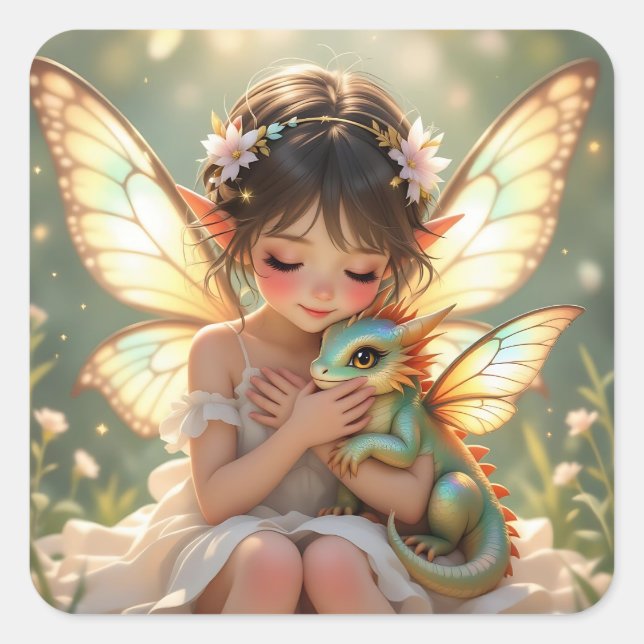 Feen und Drache | Chibi Anime Märchen Quadratischer Aufkleber (Vorderseite)