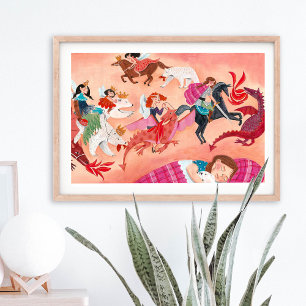 Feen und Drache rosa Märchenillustration für Kinde Poster