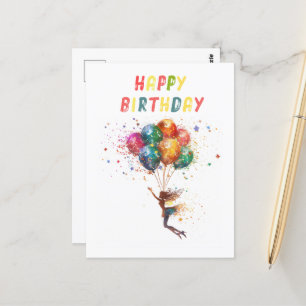 Feen und Luftballons Farbige Geburtstagsgrüße Postkarte