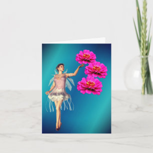 Feen- und rosa Zinnien-Blüten-Fantasie-Notiz Karte