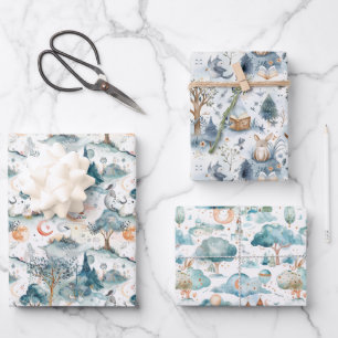 Feen-Waldtiere Blau Geschenkpapier Set