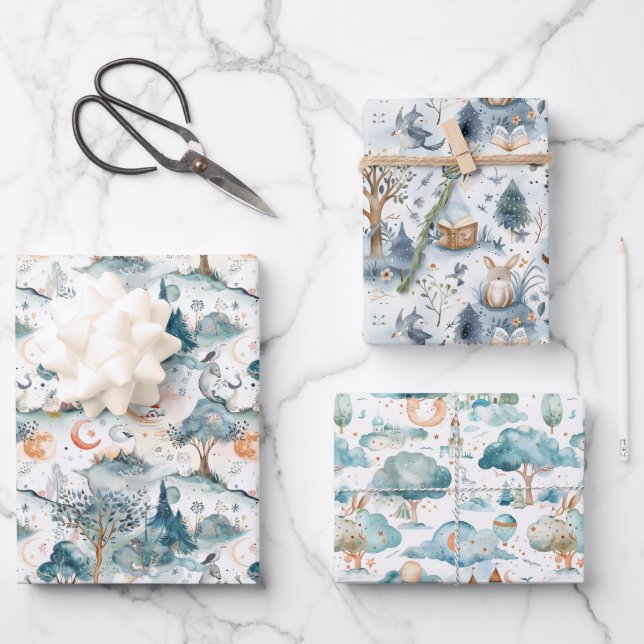 Feen-Waldtiere Blau Geschenkpapier Set (Vorderseite)