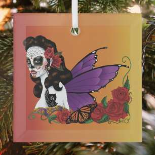 Feen-Zuckerschädel-Lila-Schmetterlinge-Rosen-Sonne Ornament Aus Glas