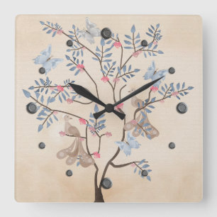 Feenhafte Fantasiebaumvogel-Blumen beige Grunge Quadratische Wanduhr