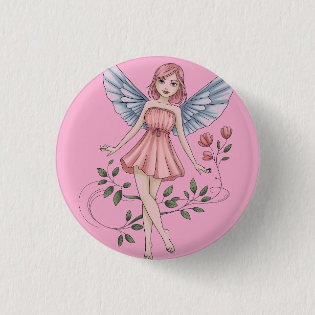 Feenillustration mit rosa Kleid und Flügeln Button (Vorderseite)