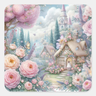 Feenland mit Blumen Aquarell Quadratischer Aufkleber