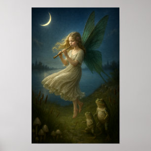 Feenmädchen spielt Flöte für Frösche im Mondlicht Poster