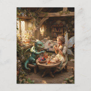 Feenmädchen und kleiner grüner Drache beim Teetrin Postkarte