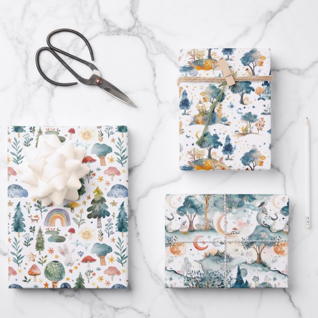 Feenwald Weiß und Blau Geschenkpapier Set (Vorderseite)