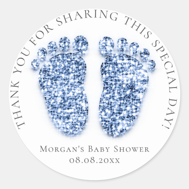 Feet Baby Dusche Gefallen Dank Glitzer Blue White Runder Aufkleber (Vorderseite)