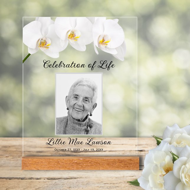 Feier der Orchideen des Lebens Acrylschild (White orchids Celebration of Life with photo table top ACRYLIC sign)