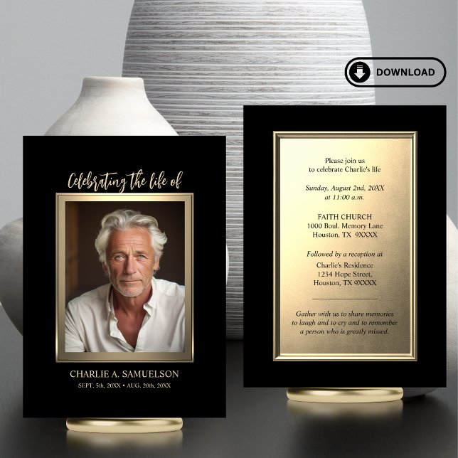 Feier des Goldenen FOTOS von Life Karte (Modern Celebration of Life Gold Black PHOTO Card | Elegant for men (masculine))