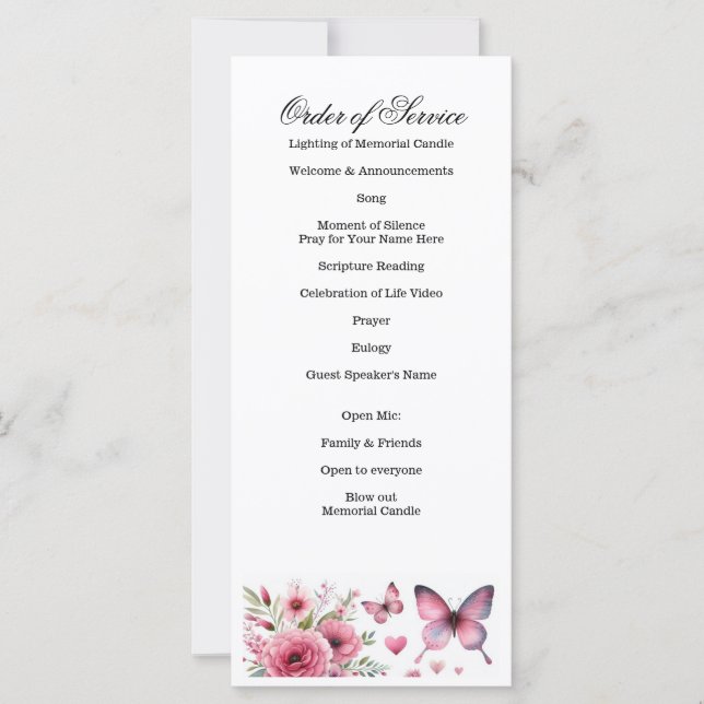 Feier des Lebens, Beerdigung, Gedenkdienst (Vorderseite)