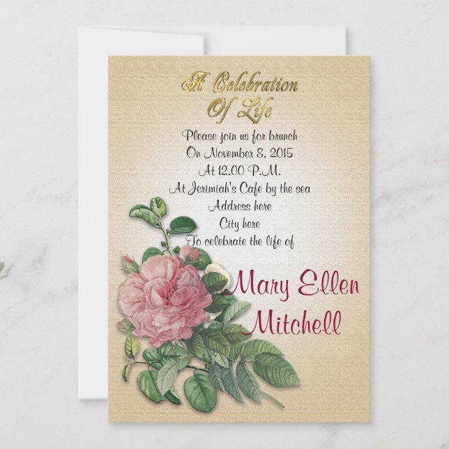 Feier des Lebens Einladung Vintage Rose (Vorderseite)
