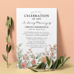 Feier des Lebens Pink & Peach Florales Gedenkblatt Einladung