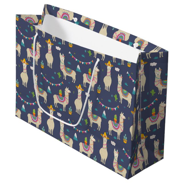 Feier-Lama-Muster Große Geschenktüte (Vorderseite Schrägansicht)