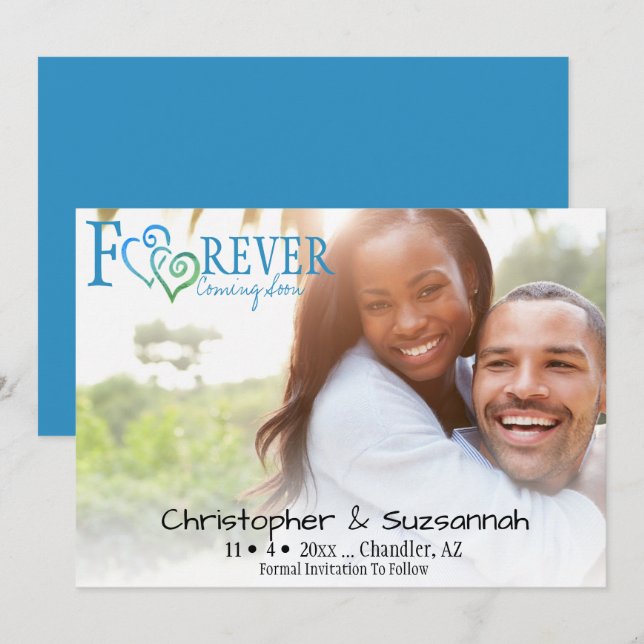 FEIER Save the Date Blue Green Linked Hearts Ankündigung (Vorne/Hinten)