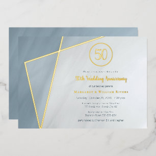 Feier zum 50. Jubiläum staubblaue goldene Rahmung Folieneinladung