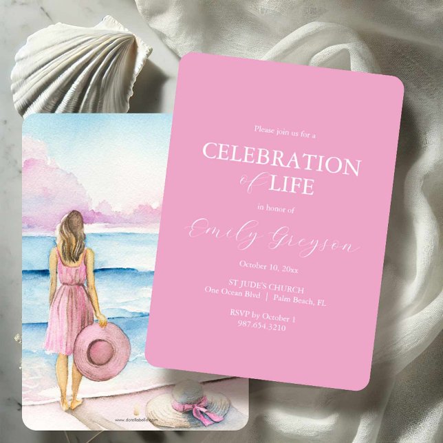 Feier zum Leben Einladung Wasserfarben Strand (Celebration of life invitations features pink watercolor beach art by Victoria Grigaliunas)
