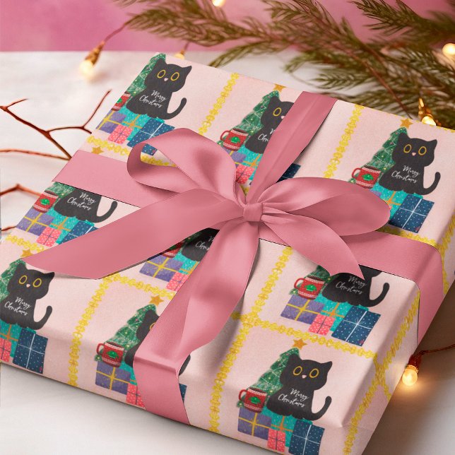 Feierlich Pink Gold Weihnachts Black Cat Kaffee Geschenkpapier (Von Creator hochgeladen)
