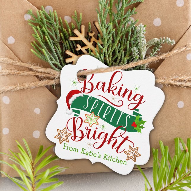 Feierliche Backbrille Braun Custom Weihnachten Geschenkanhänger (Festive Baking Spirits Bright Custom Christmas Favor Tags.  Just add your name and a special message)