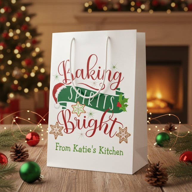 Feierliche Backbrille Braun Custom Weihnachten Mittlere Geschenktüte (Festive Baking Spirits Bright Custom Christmas Medium Gift Bag)