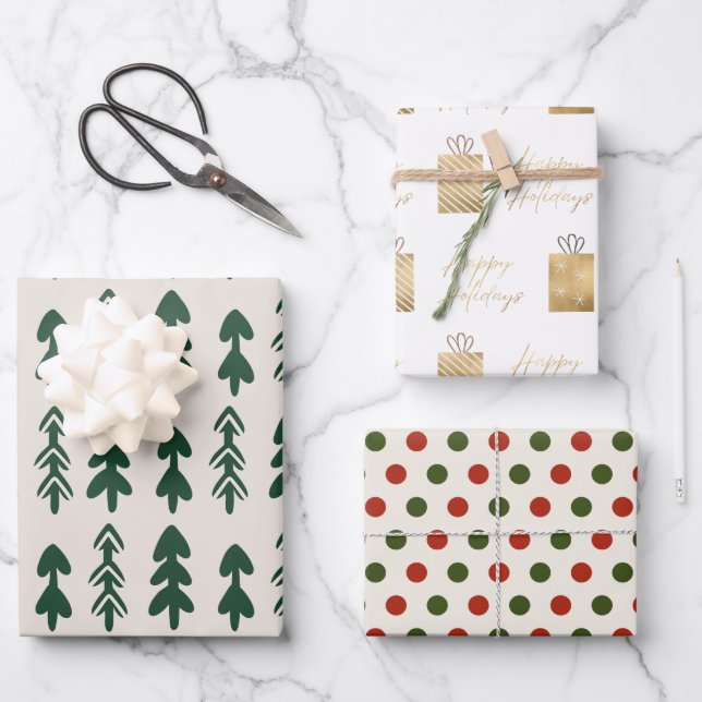 Feierliche Bäume verschenken Punkte Nahtloses Must Geschenkpapier Set (Vorderseite)