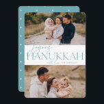 Feierliche Begrüßung | 2 Foto Joyous Hanukkah Feiertagskarte<br><div class="desc">Unser festliches und elegantes Hanukkah-Kartendesign ist der perfekte Weg,  um zwei Ihrer beliebten Fotos zu zeigen. Design bietet "Joyous Hanukkah" in weicher aquamariner Serifentypografie und handgeschriebenes Skript,  zusammen mit Ihrem Familiennamen. Karten kehren zu einem weißen Sternmuster zurück.</div>