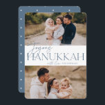 Feierliche Begrüßung | 2 Foto Joyous Hanukkah Feiertagskarte<br><div class="desc">Unser festliches und elegantes Hanukkah-Kartendesign ist der perfekte Weg,  um zwei Ihrer beliebten Fotos zu zeigen. Design bietet "Joyous Hanukkah" in staubigen,  blau-schwarzen Serifentypografie und handgeschriebenen Skripten,  zusammen mit Ihrem Familiennamen. Karten kehren zu einem weißen Sternmuster zurück.</div>