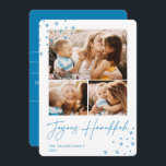 Feierliche Begrüßung | 3 Foto Collage Hanukkah Feiertagskarte<br><div class="desc">Ein Retro trifft auf das moderne Hanukkah-Fotokartendesign mit drei Ihrer Lieblingsstifte (ein Querformat/horizontal und zwei Quadrat) auf einem knackigen,  weißen Hintergrund,  der mit handgezeichneten Sternen an den Ecken betont wird. "Joyous Hanukkah" erscheint unten in handgeschriebenen Schriftzeichen. Personalisieren Sie mit Ihrem Familiennamen und dem Jahr.</div>