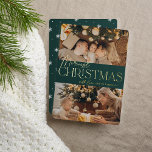 Feierliche Begrüßung | Frohe Weihnachten 2 Foto Folien Feiertagskarte<br><div class="desc">Unser festliches und elegantes Design ist der perfekte Weg,  um zwei Ihrer beliebten Fotos zu zeigen. Design zeigt "Merriest Christmas" in glänzender Goldfolien-Typografie und handgeschriebenes Skript,  mit Ihrem Familiennamen. Karten kehren zu einem weißen Winterschneeflockenmuster zurück.</div>